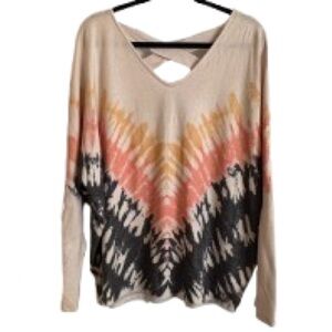 V-Neck Ombre Chevron Long-Sleeve Women's Top - Beige Pink Black - Size 2X